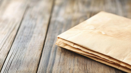 Folded brown paper rests on a rustic wooden table, evoking a sense of simplicity and nostalgia, AIの素材