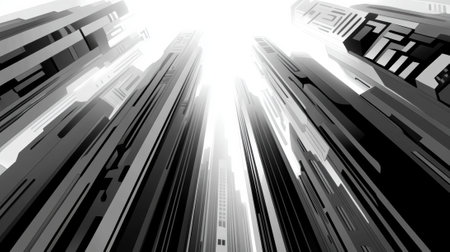 Futuristic cityscape with towering skyscrapers reaching towards a bright sky, AIの素材