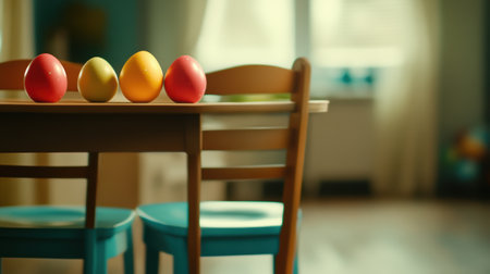 Colorful Easter eggs rest on a wooden table, creating a festive and cheerful atmosphere, AIの素材