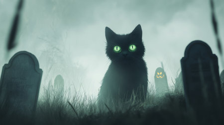 Mysterious black cat with glowing eyes in a foggy graveyard, AIの素材