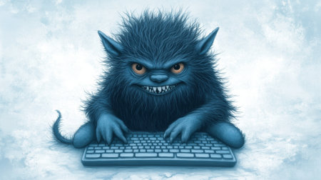 Furry blue internet troll mischievously typing on a keyboard with a sly grin, AIの素材