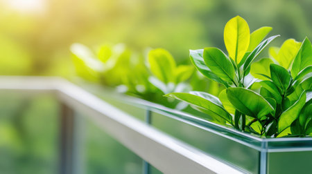 Lush green leaves bask in sunlight on a modern glass balcony, AIの素材