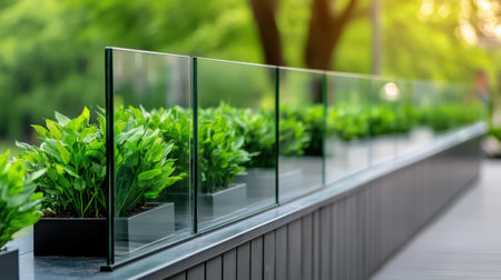 Sleek glass railing with lush green plants enhances modern outdoor space, AIの素材
