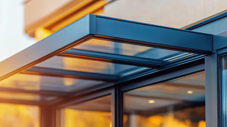 Modern glass and metal canopy with warm sunlight reflections, AIの素材
