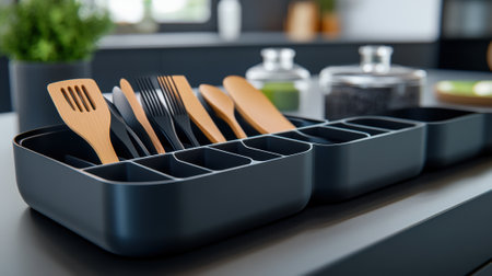 Sleek kitchen utensil organizer with bamboo tools on a modern countertop, AIの素材