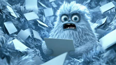 Furry creature surprised by flying papers in a snowy setting, AIの素材