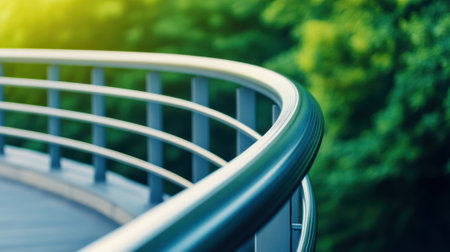 Curved metal railing with lush green background, AIの素材