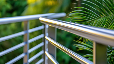 Sleek metal railing with lush green foliage in the background, AIの素材