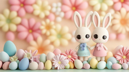 Adorable bunny figurines surrounded by pastel eggs and flowers create a whimsical scene, AIの素材