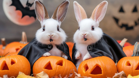 Adorable bunnies dressed as vampires sit among carved pumpkins for Halloween, AIの素材