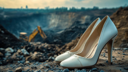 Elegant white high heels stand out against a rugged construction quarry site backdrop, AIの素材