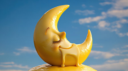 Smiling crescent moon with a melting cheese face under a bright blue sky, AIの素材