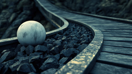 A weathered sphere rests on dark stones beside a winding wooden path, AIの素材