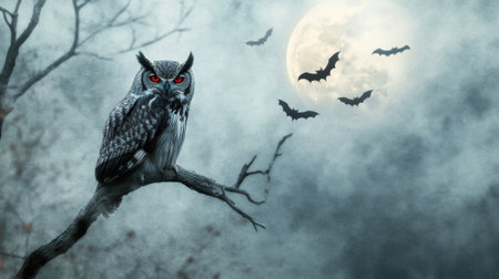 Owl with piercing red eyes perched on a branch under a full moon, AIの素材