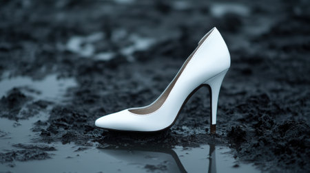 Elegant white high heel shoe stands out against a muddy, textured background, AIの素材