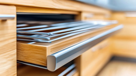 Sleek modern kitchen drawer with metallic handles and wooden finish, AIの素材