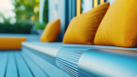 Modern outdoor seating with vibrant orange cushions on a sleek metal bench, AIの素材
