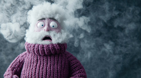 Astonished character with fluffy hair and beard in a knitted sweater amidst swirling smoke, AIの素材