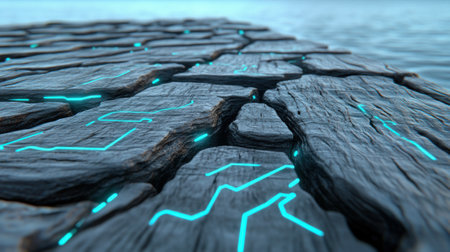 Futuristic wooden surface with glowing blue lines by the waters edge, AIの素材