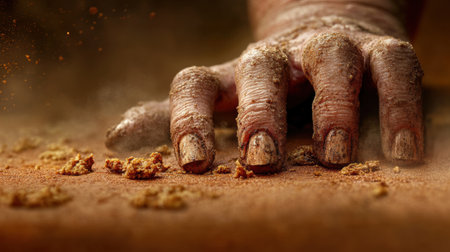 A hand covered in dirt and sand reaches out, evoking a sense of struggle and resilience, AIの素材