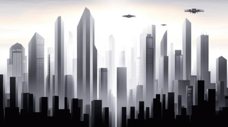 Futuristic cityscape with towering skyscrapers and flying drones in a misty atmosphere, AIの素材