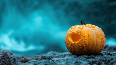Pumpkin with a hole sits on rocky terrain against a blurred blue background, AIの素材