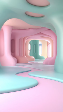 Whimsical pastel corridor with flowing curves and soft lighting, AIの素材