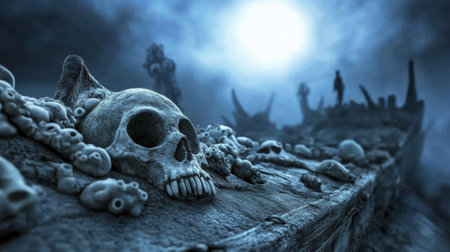 Eerie skulls under a haunting moonlit sky create a chilling atmosphere, AIの素材
