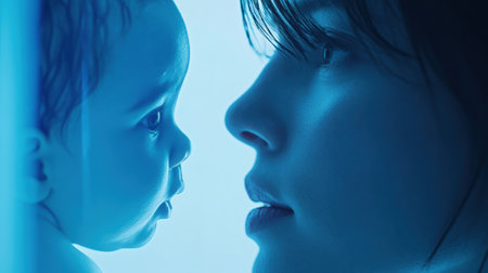 Mother and baby share a tender moment in soft blue lighting, AIの素材