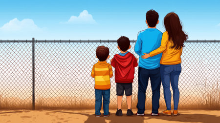 Family gazes at the horizon beyond a chain-link fence on a sunny day, AIの素材