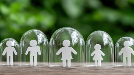 Figures under glass domes symbolize protection and isolation in a natural setting, AIの素材