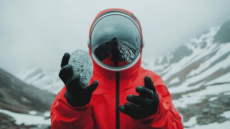 Astronaut in a red suit explores a snowy, mountainous landscape, holding a rock, AIの素材