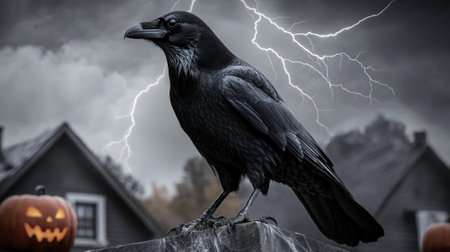 A raven perched on a tombstone with lightning in the background, AIの素材
