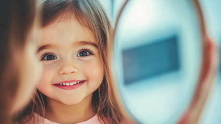 Little girl smiling at her reflection in a mirror, radiating joy and innocence, AIの素材