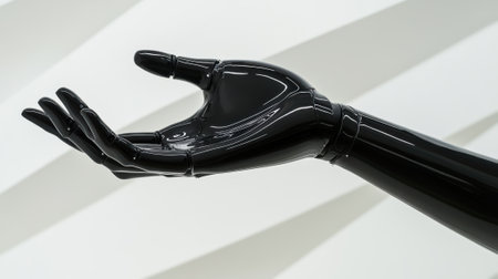 Sleek black robotic hand reaching out against a modern, minimalist background, AIの素材