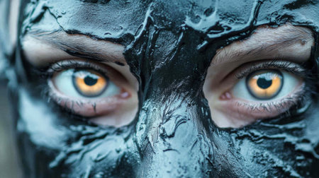 Intense gaze through a mask of dark, textured paint, highlighting vibrant eyes, AIの素材