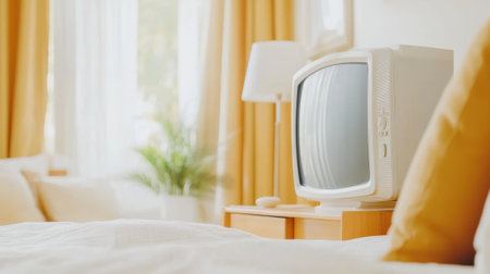 Retro TV in a cozy, sunlit bedroom with warm, golden tones, AIの素材