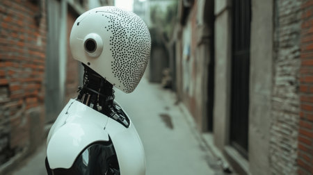 Futuristic robot exploring a narrow, rustic alleyway with curiosity, AIの素材