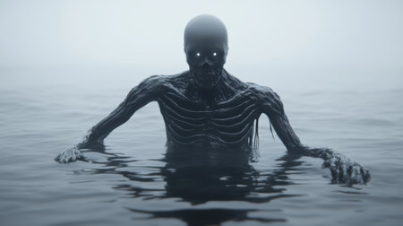 Eerie skeletal figure emerges from misty waters, glowing eyes piercing through the fog, AIの素材