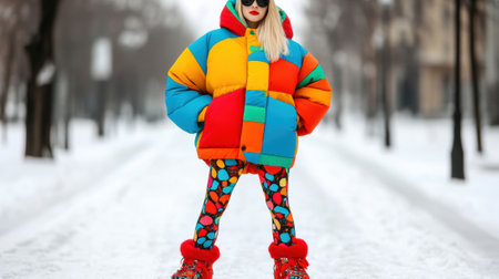 Vibrant winter fashion in a snowy park, AIの素材