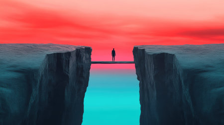 A lone figure stands on a narrow bridge between two cliffs under a vibrant sky, AIの素材
