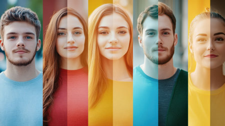 Diverse group of young adults with colorful overlays, symbolizing unity and diversity, AIの素材