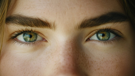 Close-up of green eyes with freckles and natural eyebrows, conveying intensity, AIの素材
