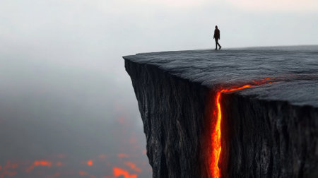 Man stands on the edge of a cliff with glowing lava below, contemplating the abyss, AIの素材