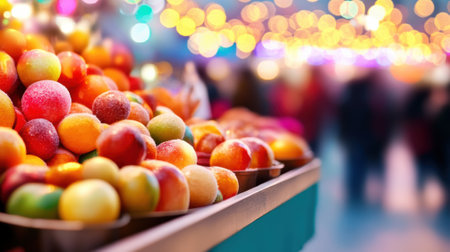 Vibrant display of colorful fruit-shaped candies at a festive market stall, AIの素材