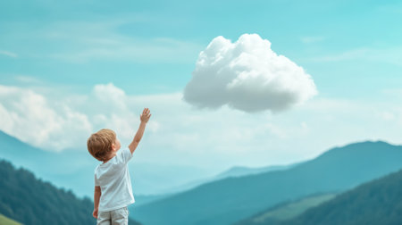 A young boy reaches towards a fluffy cloud in a serene mountain landscape, AIの素材