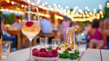 Festive outdoor gathering with sparkling wine and fresh raspberries on a wooden table, AIの素材
