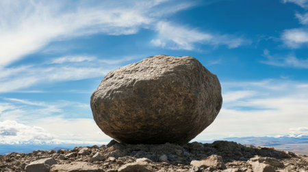 Massive boulder perched on a rocky terrain under a vast blue sky, AIの素材