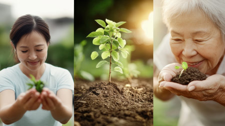 Young and elderly Asian women nurture plants, symbolizing growth and connection to nature, AIの素材
