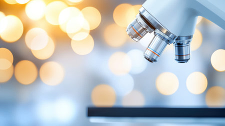 Microscope lenses with blurred bokeh lights in the background, AIの素材